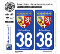 blasonimmat 2 Autocollants Plaque immatriculation Auto 38 Rhône-Alpes - Armoiries