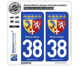 blasonimmat 2 Autocollants Plaque immatriculation Auto 38 Rhône-Alpes - Armoiries