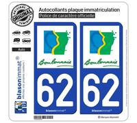 blasonimmat 2 Autocollants Plaque immatriculation Auto 62 Boulogne-sur-Mer - Agglo
