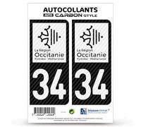 blasonimmat 2 Stickers Plaque immatriculation Auto 34 Occitanie - LT bi-Ton Carbone-Style