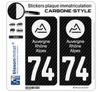 blasonimmat 2 Stickers Plaque immatriculation Auto 74 Auvergne-Rhône-Alpes - LT Carbone-Style