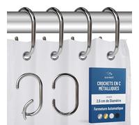 Blau Marité 12 anneaux de douche en forme de C antichute - crochets métalliques décoratifs pour rideau de douche, compatibles avec barres jusqu’à 2,6 cm - Argent