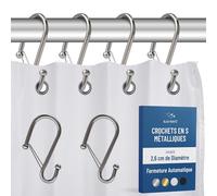 Blau Marité 12 Crochets Métalliques pour Rideau de Douche en Forme de S avec Système Anti-Chute, Anneaux pour Rideau de Douche avec Fermeture de Sécurité, pour Barres Max 2,6 cm Diamètre (S, Argent)