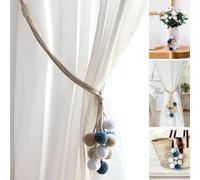 BLAU MARITÉ Set de 2 embrasses de Rideaux réalisées avec des Cordons en Coton et des Pompons colorés. (Gris)