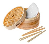 BlauKe Panier Vapeur Bambou 25cm avec 2 Paires Baguettes Réutilisables, 50 Papiers de Cire, Pinces - Cuiseur Bambou avec 2 Etages et Couvercle - Panier à Vapeur en Bambou pour Cuisson de Boulettes Riz