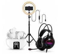 Blaupunkt BLP-Disc Pack DISCOVERRY :BLP4998-26 Écouteurs True Wireless Bluetooth 5.0 Blancs +BLP-1025-2601 Anneau Lumineux LED de 26 cm+BLP5927-26 Un Casque Gaming Esport Premium
