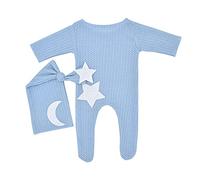 Blausky Accessoires de photographie 2 pièces pour nouveau-né, 1 grenouillère en tricot + 1 chapeau, costume de bébé avec étoiles et lune, accessoire pour enfant de 0 à 3 mois, garçons et filles, bleu
