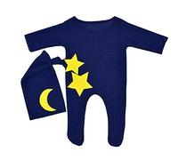Blausky Accessoires de photographie 2 pièces pour nouveau-né, 1 grenouillère en tricot + 1 chapeau, costume de bébé avec étoiles et lune, accessoire pour enfant de 0 à 3 mois, garçons et filles, bleu
