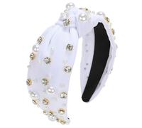 Blausky Bandeau avec perles et strass, large, bandeau rétro, élégant, pour femme, pour mariage, banquet, plage, anniversaire, blanc