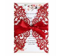 Blausky Lot de 20 cartes d'invitation à paillettes avec enveloppes pour mariage - Élégantes - En papier - Avec nœud en satin - Pour fête - Rouge