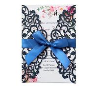 Blausky Lot de 6 cartes d'invitation à paillettes avec enveloppes pour mariage - Élégantes - En papier - Avec nœud en satin - Pour fête - Bleu foncé