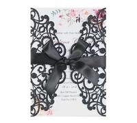 Blausky Lot de 6 cartes d'invitation à paillettes avec enveloppes pour mariage - Élégantes - En papier - Avec nœud en satin - Noir
