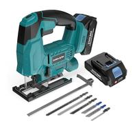 blayram Scie sauteuse sans fil compatible avec Makita 18V, scies sauteuses électriques avec 2 * 2,0Ah et 6 lames, vitesse variable, coupes en onglet de 0° à 45° pour bois, métal, plastique et contre