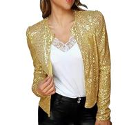 Blazer à paillettes décontracté vintage à manches longues ouvert sur le devant pour femme, manteau fin d'été, tenue de soirée, grande taille, haut à paillettes dorées, jaune, L
