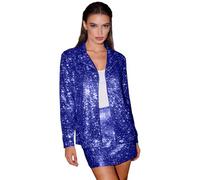 Blazer à paillettes pour femme - Bleu - Tenue de Nouvel An - Longue veste à paillettes - Costume de carnaval - Grandes tailles - Élégante veste de fête - Manteau de rave - Costume court - Combinaison
