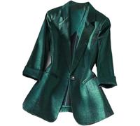 Blazer Ample À Manches Sept Minutes en Satin De Bureau Décontracté pour Femmes Blazer De Fête À La Mode Classique À Revers De Couleur Unie Printemps (Vert foncé,3TG)