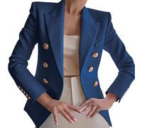 Blazer bleu avec boutons dorés - Blazer court élégant à manches longues - Veste blazer à revers - Col montant - Blazer court cintré - Costume d'affaires - Veste de costume unie - Veste d'automne