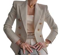 Blazer Bouton Doré Femme Fin Double Boutonnage - Blazer Vintage Mode Bureau Affaires Veste De Costume Slim Fit en Couleur Uni Manteau Revers À Manches Longue,Kaki,S