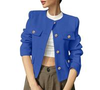 Blazer Court Femme Classique Chic et Élégant Col Rond Manches Longues Veste Femme Mi Saison d’Affaires Décontractés Ajustée Automne Cardigan Blazer pour Affaires Quotidien, Bleu Roi, M