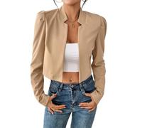 Blazer Court Ouvert sur Le Devant pour Femme sans Col Cranté Manches Longues Coupe Ajustée Style Cardigan Idéal pour Le Travail Et Le Bureau Couleur Kaki Taille XXS