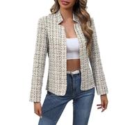 Blazer court pour femme - Élégante veste courte pied-de-poule - Veste de costume avec col cranté - Blazer d'affaires - Petite coupe ajustée - Blazer court - Cardigan à manches longues, gris, XL