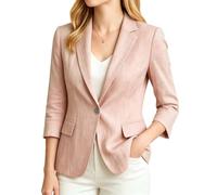 Blazer décontracté à manches 3/4 en lin pour femme avec un bouton, rose, L