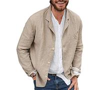 Blazer décontracté pour homme en coton et lin à trois boutons de couleur unie, kaki, L