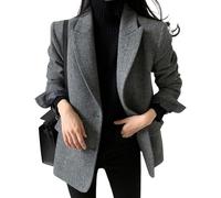 Blazer d'hiver Classique Élégant À Revers Décontracté Affaires À Simple Boutonnage Mode Ample Tendance Formelle Veste en Tweed De Couleur Unie pour Femmes (Gris,M)