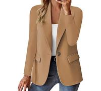 Blazer doublé pour femme - Cardigan surdimensionné à col rond boutonné de couleur unie avec poches et bouton pour femme - Blazer de travail avec ceinture, kaki, L