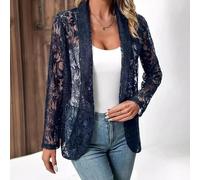 Blazer élégant et polyvalent de couleur unie avec chemisier bordé de dentelle, style petite femme chic, taille XXL, bleu