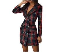 Blazer Élégante pour Femme - Robe Business Longueur Genou - Manches Longues - Veste avec Boutons - Col en V - Robe Courte de Soirée et Cocktail, Rouge, L