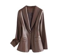 Blazer en Cuir d'agneau pour Femme Manches Longues 1 Bouton Col Châle Coupe Ajustée Veste De Tailleur Élégante pour Femme d'affaires Veste De Bureau Couleur Café Taille XL