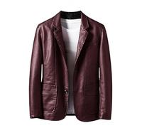 Blazer en Similicuir pour Homme, Coupe Décontractée, Revers, Coupe Classique, 2 Boutons, avec Poches, Style Moto, Coupe-Vent, Rouge Vin, Taille XXS