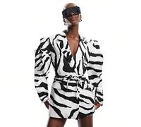 Blazer femme blanc à imprimé animal motif zèbre, coupe oversize structurée et cintrée à la taille avec ceinture réglable, chic automnal pour soirée L,M,S,XSTout ImpriméTissu tissé