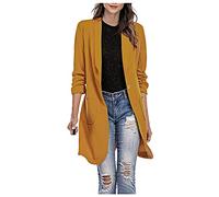 Blazer Femme Chic et Elegant Long Veste de Tailleur Fluides Col Rabattu OL Bureau Affaires Manteau Longue Outerwear Léger Casual Blousons Coupe Vent Manches 3/4 Demi-Saison Automne (Jaune, M)