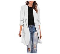 Blazer Femme Chic et Elegant Long Veste de Tailleur Fluides Col Rabattu OL Bureau Affaires Manteau Longue Outerwear Léger Casual Blousons Coupe Vent Manches 3/4 Demi-Saison Automne (Blanc, XXL)