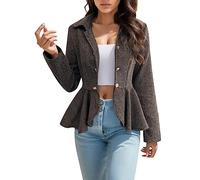 Blazer Femme Chic Et Elegant Paillettes - Élégante Veste De Costume De Bureau Péplum en Jacquard Floral avec Fermeture À Double Boutonnage (Khaki S)