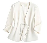 Blazer Femme Manches 3/4 Col V Veste De Tailleur Doublée sur Le Devant Fermeture À Boutons Brandebourg Chinois Idéal De Jour comme De Nuit pour Le Bureau Le Travail Ou Un Mariage Blanc Taille M