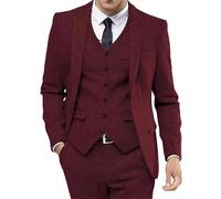 Blazer for Men Retro Tweed Tuxedos Dress Wedding Prom Suits 3 Piece Peak Lapel Dress Jacket Vest Pants Wine Red X Large