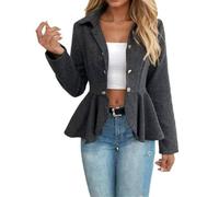 Blazer for Women Double Breasted Fitted Peplum Jacket for Work | Defined Waist Lapel Collar Double Breasted Closure Jacquard Texture Flared Ruffle Hem Long Sleeve Office Layering