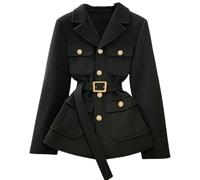 Blazer Formel Professionnel Classique Élégant À Revers pour Femmes Printemps Automne Mode Décontracté Bouton De Fête Blazer Multi-Poches avec Ceinture (Noir,TTG)