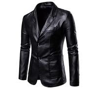 Blazer Homme Revers, Veste en Cuir Homme Automne Hiver Cuir PU Costume Manteaux Veste de Moto Bouton Veste Sportive Veste Festive en Cuir Blazer en Cuir Simple Boutonnage Manteau en Cuir Fête Noir