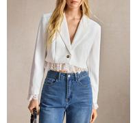 Blazer léger blanc pour femmes, patchwork avec bordure en dentelle, convient pour l'automne, la fête des enseignants, la rentrée scolaire, le bureau, l'église, style vintage français élégant L,M,S,XL,