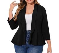 Blazer pour femme grande taille, cardigan classique de couleur unie à ourlet à volants, manteau léger, doux et confortable, veste à revers tendance, élégant, blazers amples, Noir , 3XL