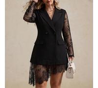 Blazer robe mi-longue pour femmes grande taille, printemps/automne, 1 pièce, manches en dentelle transparente avec patchwork, double boutonnage, taille marquée effet amincissant, style mature et piqua