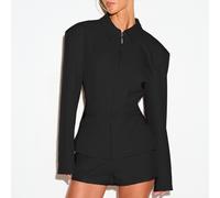 Blazer zippé structuré avec détail de col et épaules puissantes pour les occasions de bureau et de soirée L,M,S,XL,XS,XXL,XXS,XXXL,XXXXLUnicoloreTissu tissé