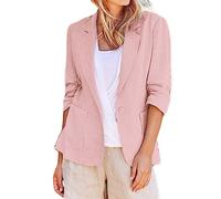Blazers Veste pour femme en lin avec revers élégant Blazer court décontracté décontracté à manches longues ouvert sur le devant Costume uni, rose, M