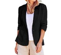 Blazers Veste pour femme en lin avec revers élégant Blazer court décontracté décontracté à manches longues ouvert sur le devant Costume uni, Noir , 3XL