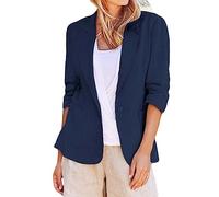 Blazers Veste pour femme en lin avec revers élégant Blazer court décontracté décontracté à manches longues ouvert sur le devant Costume uni, noir foncé, 3XL