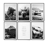 BLCKART Infinity Highland Cow Ensemble d'images posters muraux élégants double face motif nature montagnes décoration scandinave M 6 x A4 21 x 29,7 cm Sans cadre